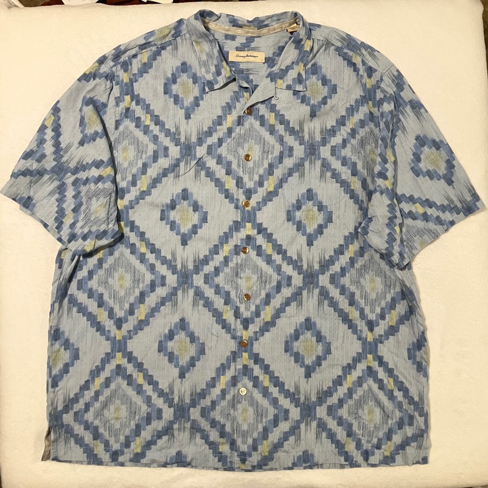 Tommy Bahama Silk Short Sleeve Camp Shirt Men's Size 3XT Blue Geometric Ikat